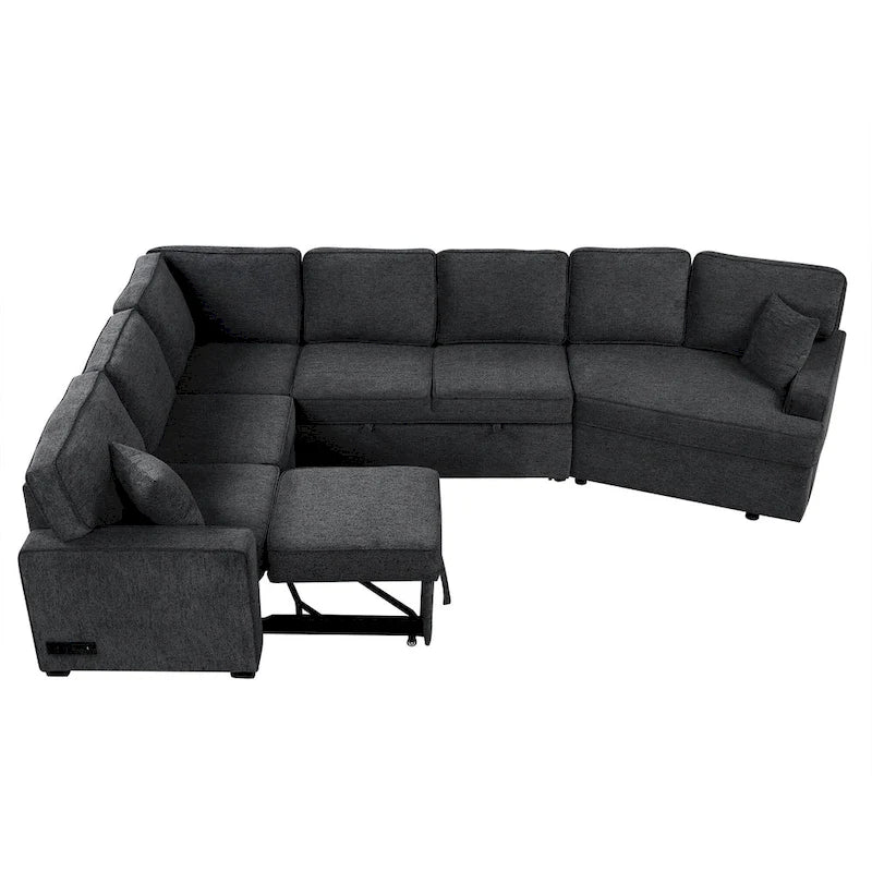 Black 126  L-Shaped 6-Seater Sofa with Pull-Out Bed and Cup Holders