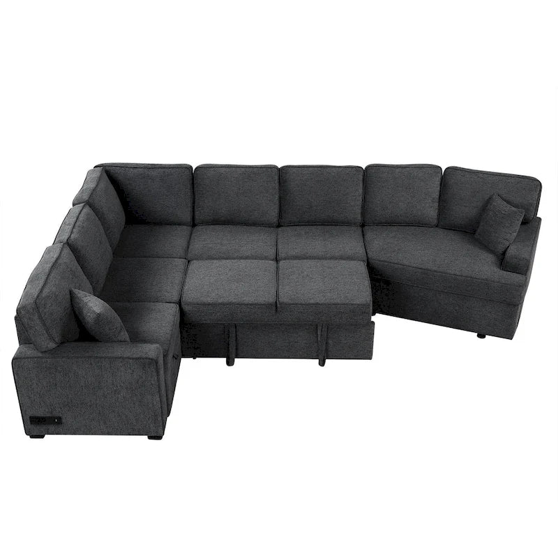 Black 126  L-Shaped 6-Seater Sofa with Pull-Out Bed and Cup Holders
