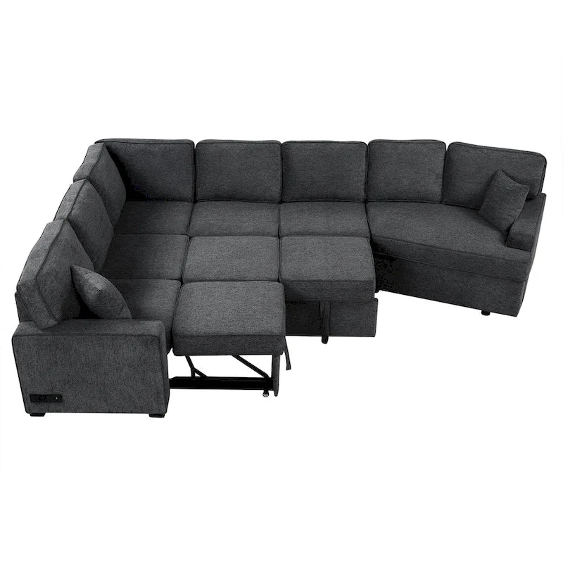 Black 126  L-Shaped 6-Seater Sofa with Pull-Out Bed and Cup Holders