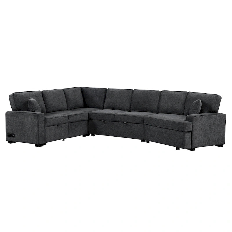 Black 126  L-Shaped 6-Seater Sofa with Pull-Out Bed and Cup Holders