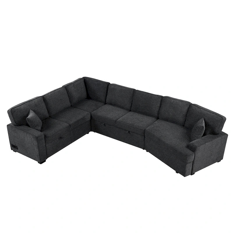 Black 126  L-Shaped 6-Seater Sofa with Pull-Out Bed and Cup Holders