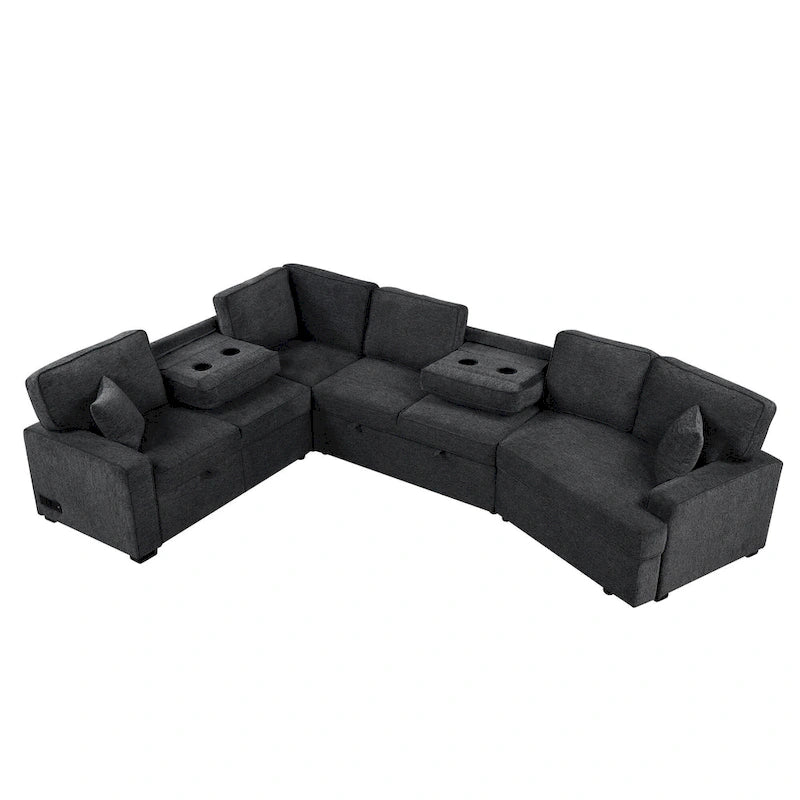 Black 126  L-Shaped 6-Seater Sofa with Pull-Out Bed and Cup Holders