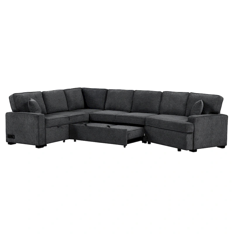 Black 126  L-Shaped 6-Seater Sofa with Pull-Out Bed and Cup Holders