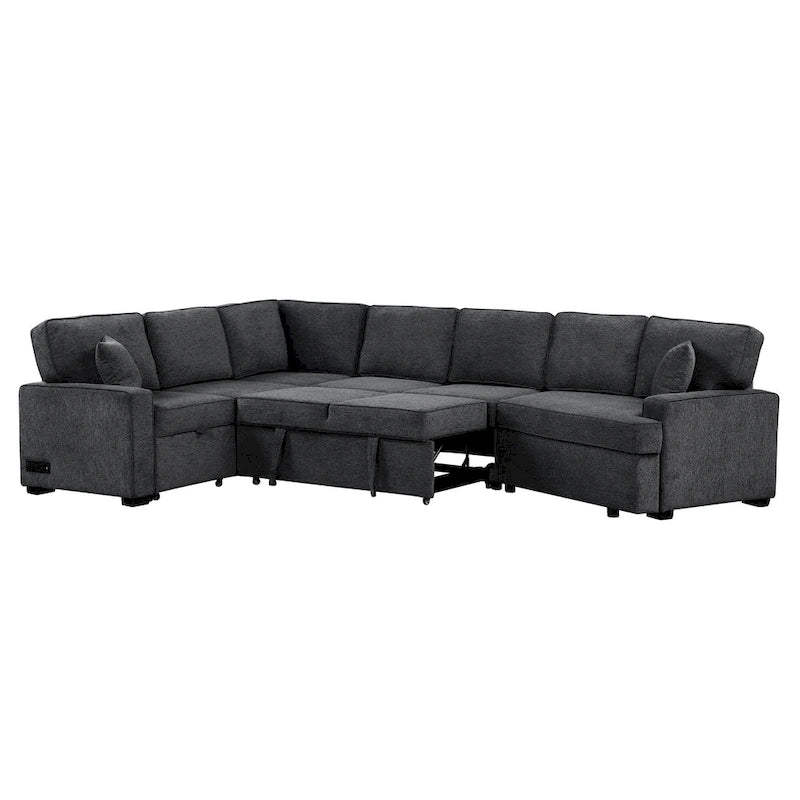 Black 126  L-Shaped 6-Seater Sofa with Pull-Out Bed and Cup Holders