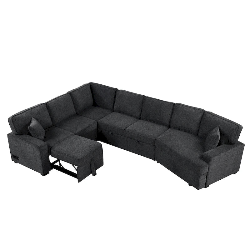 Black 126  L-Shaped 6-Seater Sofa with Pull-Out Bed and Cup Holders