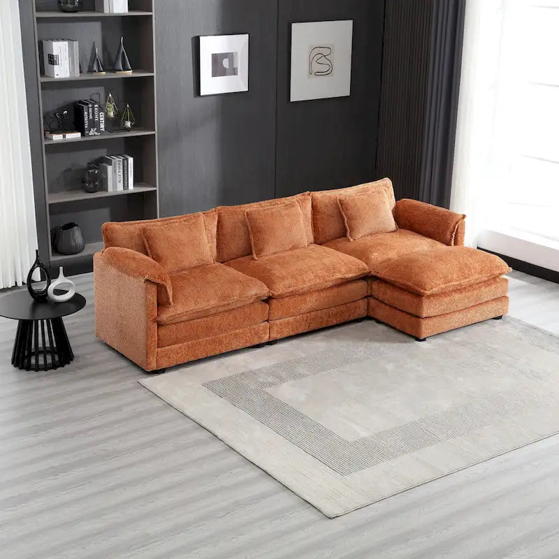 Orange 112.2  L-Shaped 4-Seat Sectional Sofa in Modern Boucle Fabric with Removable Cushions and Detachable Armrests
