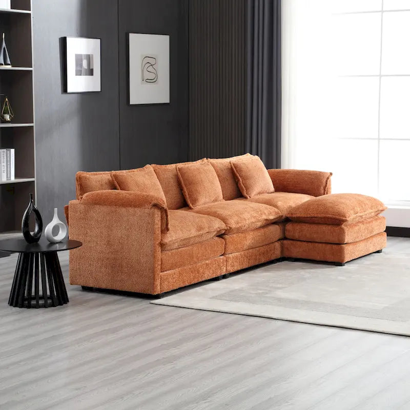 Orange 112.2  L-Shaped 4-Seat Sectional Sofa in Modern Boucle Fabric with Removable Cushions and Detachable Armrests