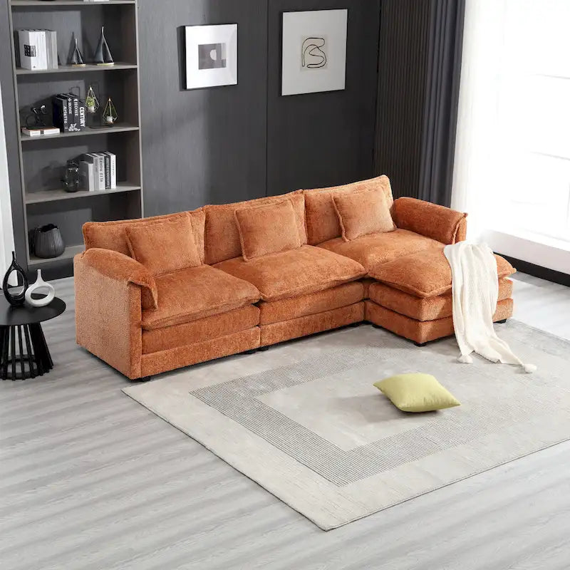 Orange 112.2  L-Shaped 4-Seat Sectional Sofa in Modern Boucle Fabric with Removable Cushions and Detachable Armrests