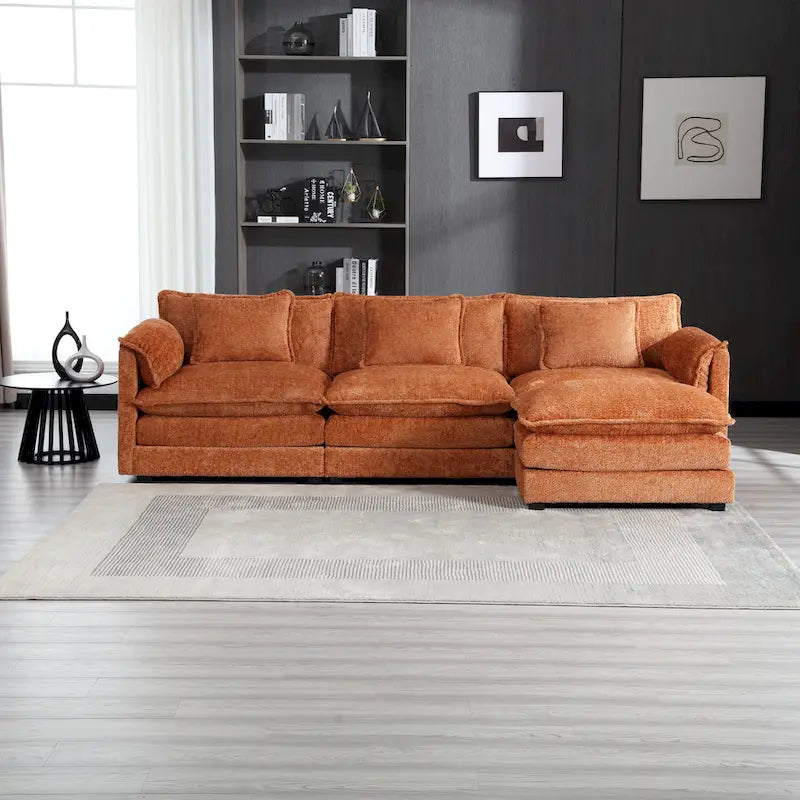 Orange 112.2  L-Shaped 4-Seat Sectional Sofa in Modern Boucle Fabric with Removable Cushions and Detachable Armrests