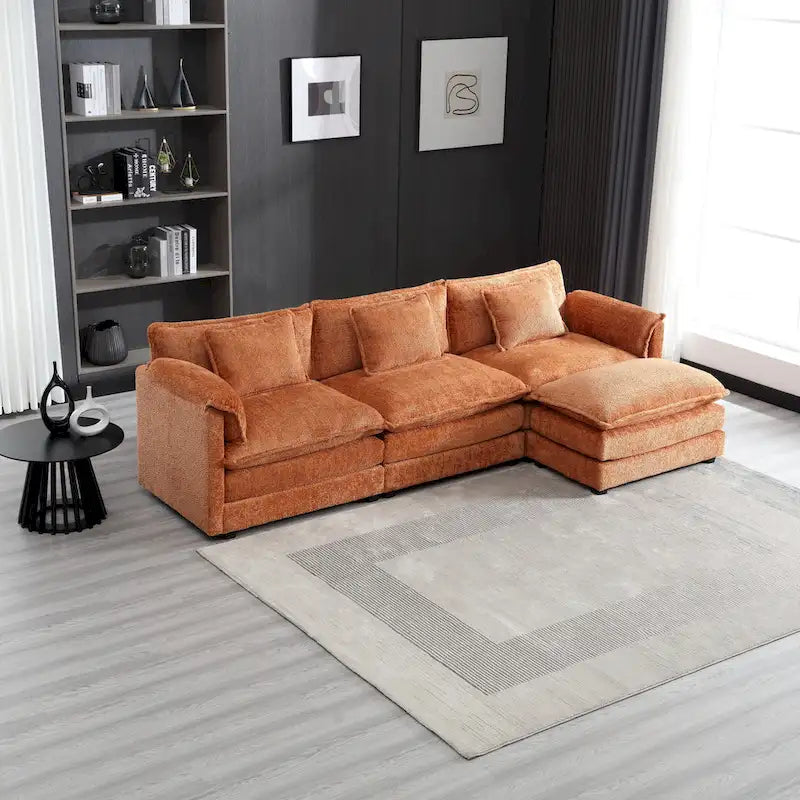 Orange 112.2  L-Shaped 4-Seat Sectional Sofa in Modern Boucle Fabric with Removable Cushions and Detachable Armrests