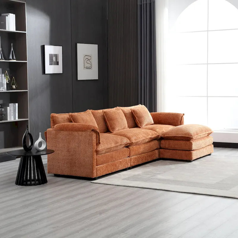 Orange 112.2  L-Shaped 4-Seat Sectional Sofa in Modern Boucle Fabric with Removable Cushions and Detachable Armrests