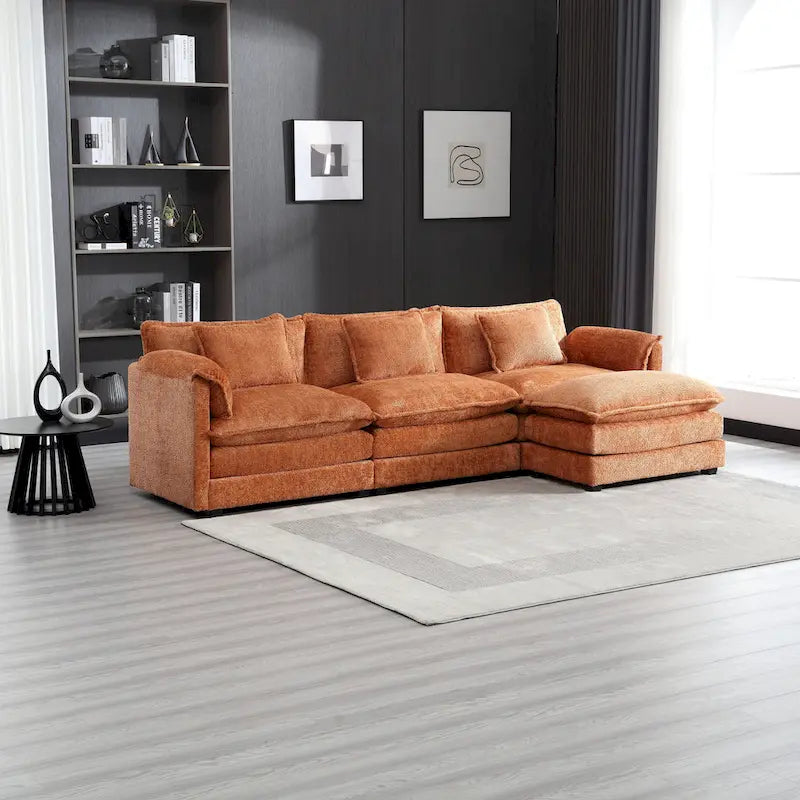 Orange 112.2  L-Shaped 4-Seat Sectional Sofa in Modern Boucle Fabric with Removable Cushions and Detachable Armrests