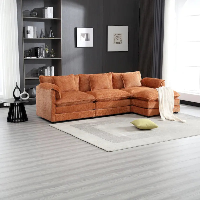 Orange 112.2  L-Shaped 4-Seat Sectional Sofa in Modern Boucle Fabric with Removable Cushions and Detachable Armrests
