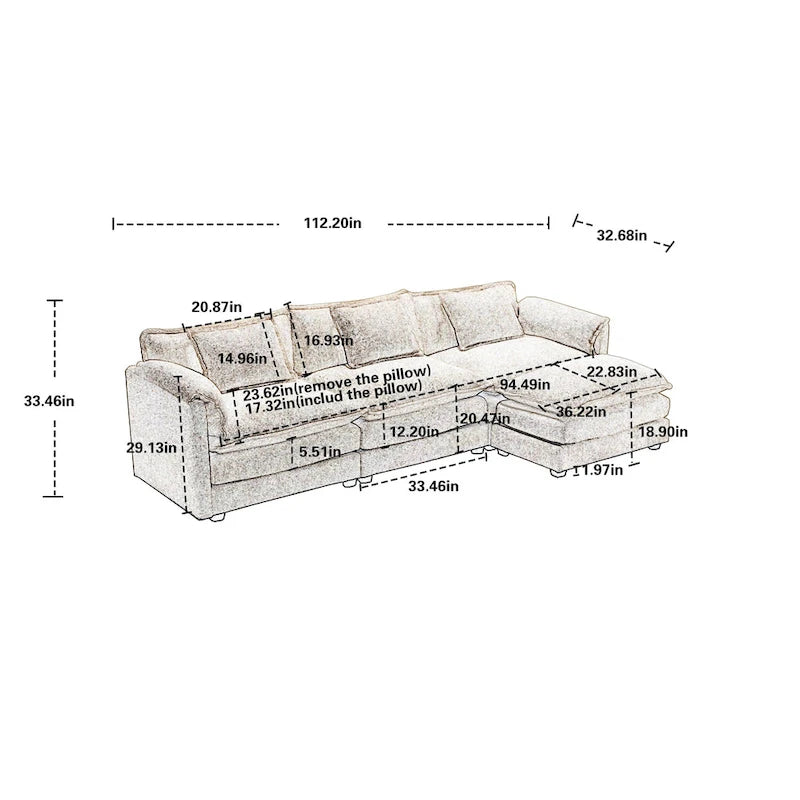 Orange 112.2  L-Shaped 4-Seat Sectional Sofa in Modern Boucle Fabric with Removable Cushions and Detachable Armrests