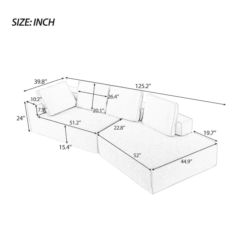 Grey 125  Modern 4-Seat Chaise Lounge Sofa for Living Room Relaxation, Indoor Sleeper