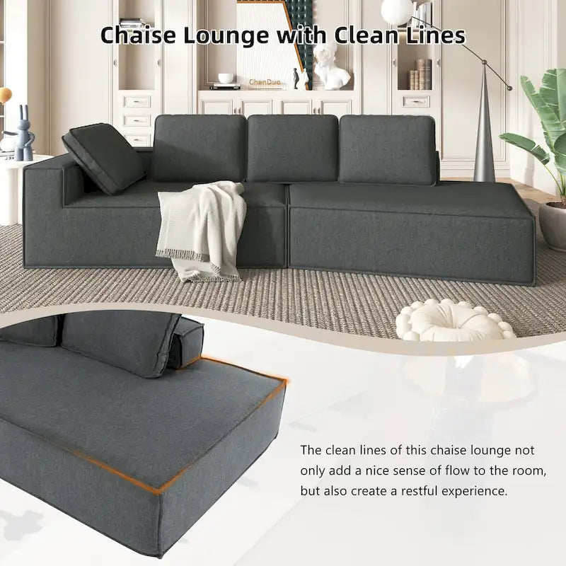 Grey 125  Modern 4-Seat Chaise Lounge Sofa for Living Room Relaxation, Indoor Sleeper