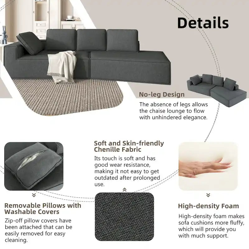 Grey 125  Modern 4-Seat Chaise Lounge Sofa for Living Room Relaxation, Indoor Sleeper