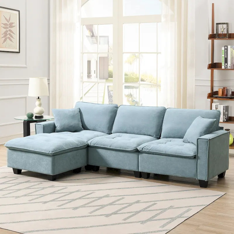 Blue 100  L-Shaped Convertible 4-Seat Sectional Sofa with Removable Ottoman and Matching Pillows, Ideal for Living Room Use