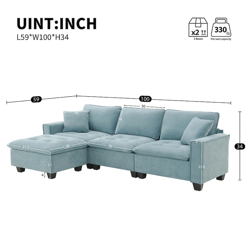 Blue 100  L-Shaped Convertible 4-Seat Sectional Sofa with Removable Ottoman and Matching Pillows, Ideal for Living Room Use