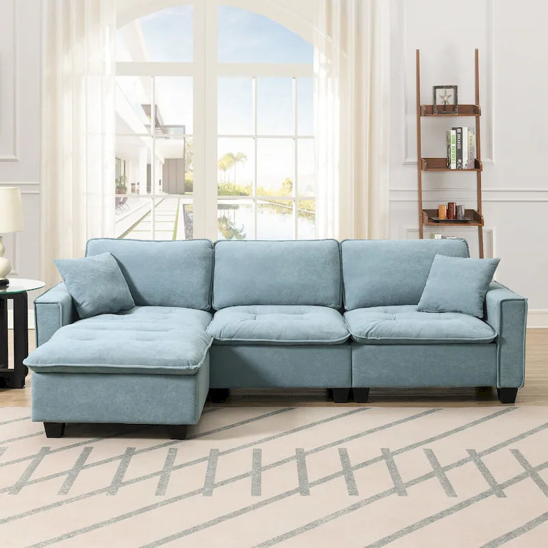Blue 100  L-Shaped Convertible 4-Seat Sectional Sofa with Removable Ottoman and Matching Pillows, Ideal for Living Room Use