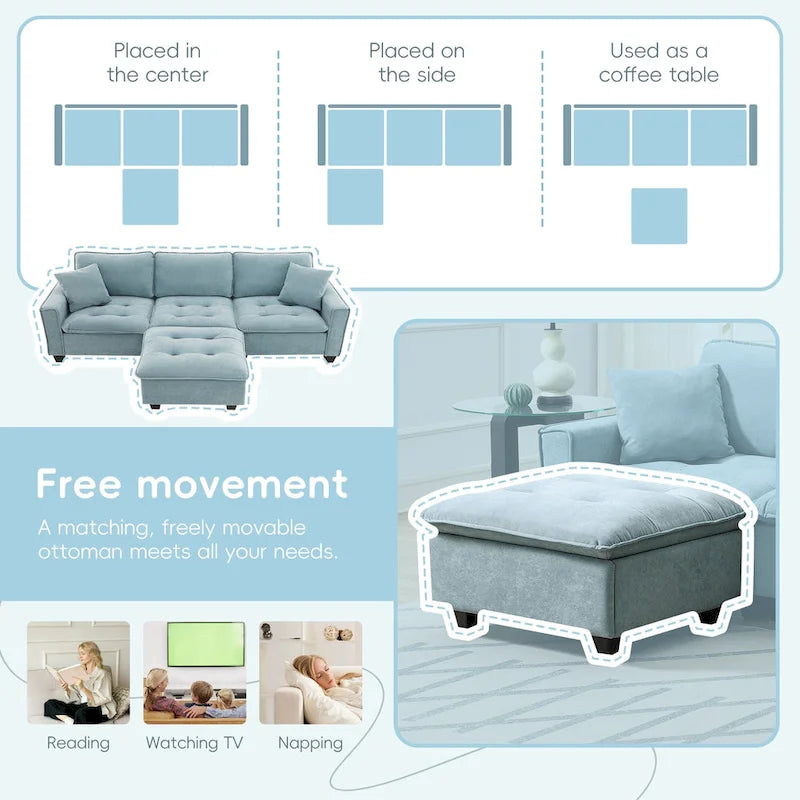 Blue 100  L-Shaped Convertible 4-Seat Sectional Sofa with Removable Ottoman and Matching Pillows, Ideal for Living Room Use