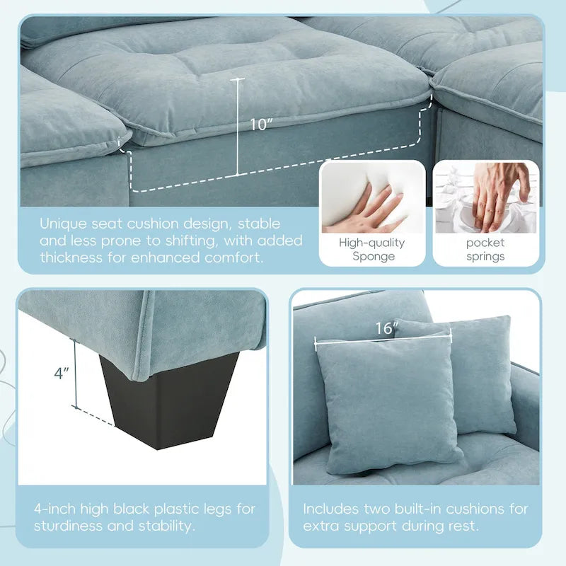 Blue 100  L-Shaped Convertible 4-Seat Sectional Sofa with Removable Ottoman and Matching Pillows, Ideal for Living Room Use