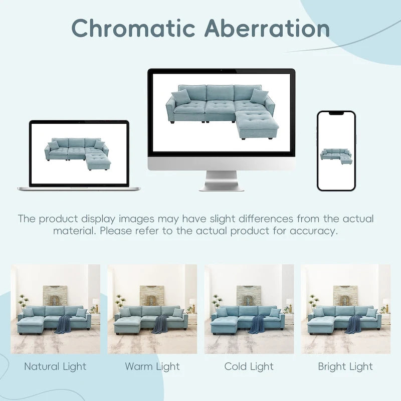 Blue 100  L-Shaped Convertible 4-Seat Sectional Sofa with Removable Ottoman and Matching Pillows, Ideal for Living Room Use