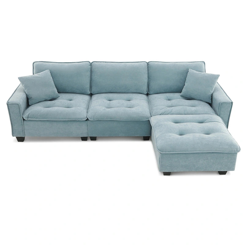 Blue 100  L-Shaped Convertible 4-Seat Sectional Sofa with Removable Ottoman and Matching Pillows, Ideal for Living Room Use