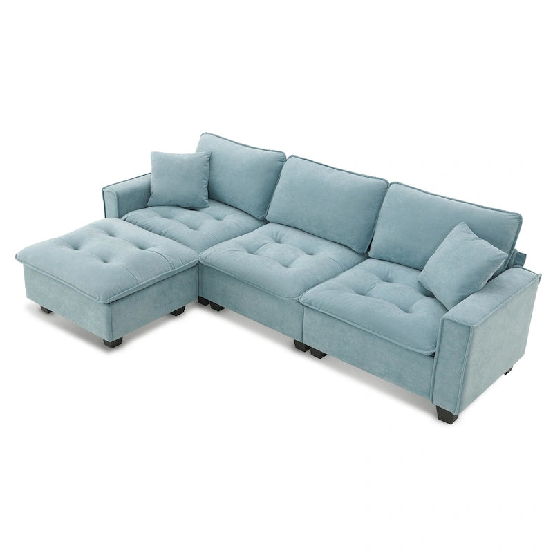 Blue 100  L-Shaped Convertible 4-Seat Sectional Sofa with Removable Ottoman and Matching Pillows, Ideal for Living Room Use
