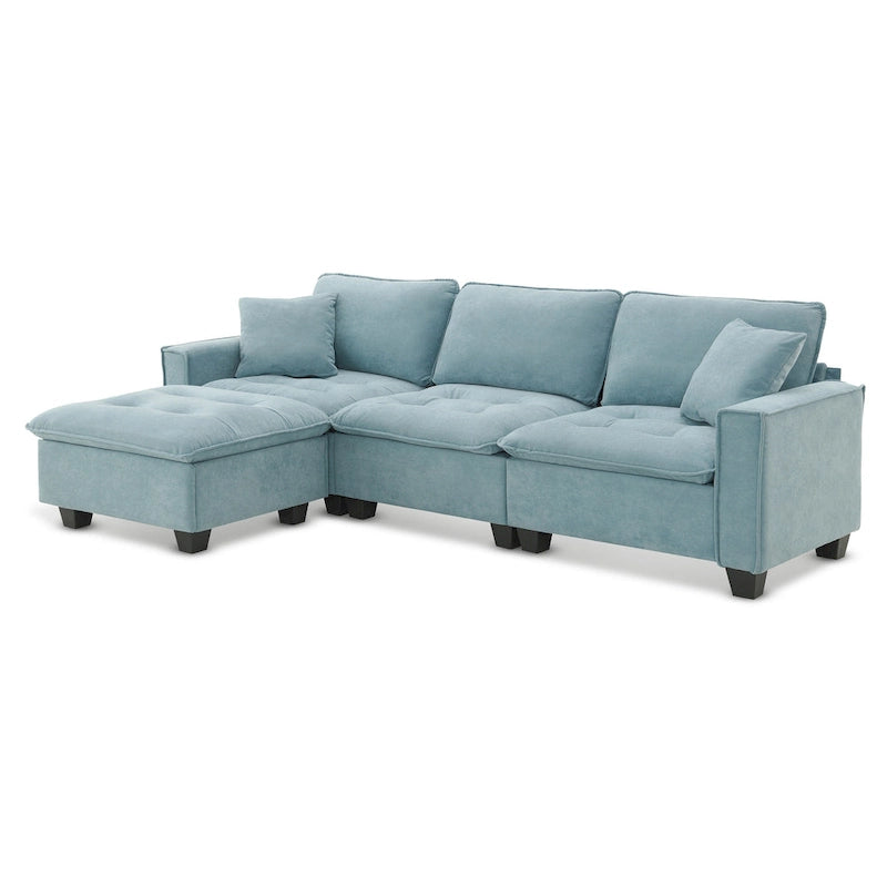 Blue 100  L-Shaped Convertible 4-Seat Sectional Sofa with Removable Ottoman and Matching Pillows, Ideal for Living Room Use