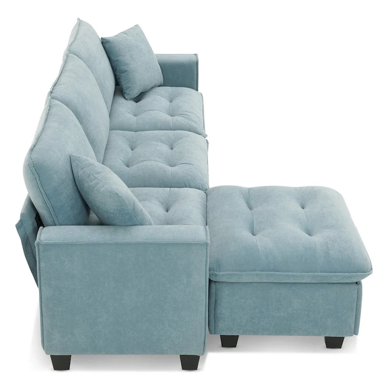 Blue 100  L-Shaped Convertible 4-Seat Sectional Sofa with Removable Ottoman and Matching Pillows, Ideal for Living Room Use