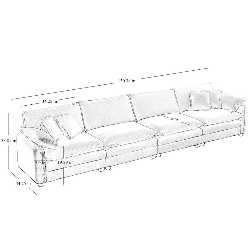 Grey 150  Corduroy 4-Seater Modular Sectional Sofa, 6 Pillows & Free Combination