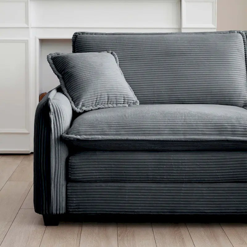 Grey 150  Corduroy 4-Seater Modular Sectional Sofa, 6 Pillows & Free Combination