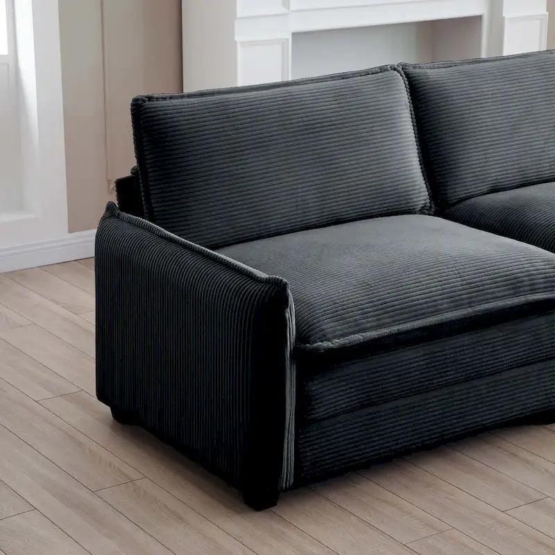 Grey 150  Corduroy 4-Seater Modular Sectional Sofa, 6 Pillows & Free Combination