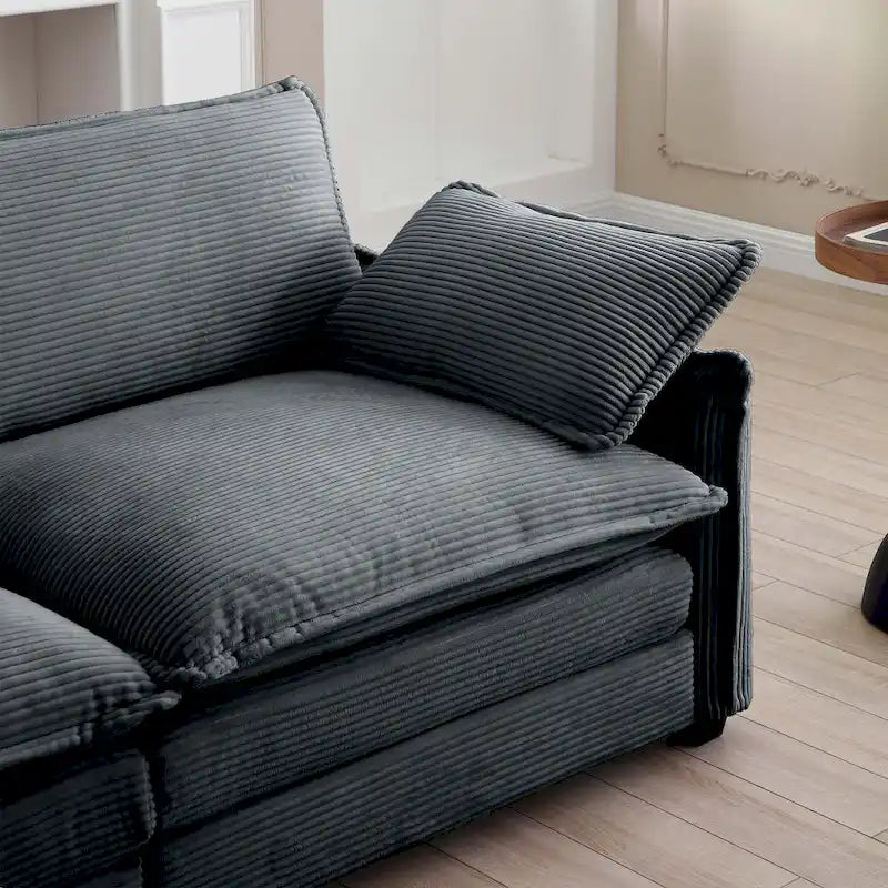 Grey 150  Corduroy 4-Seater Modular Sectional Sofa, 6 Pillows & Free Combination