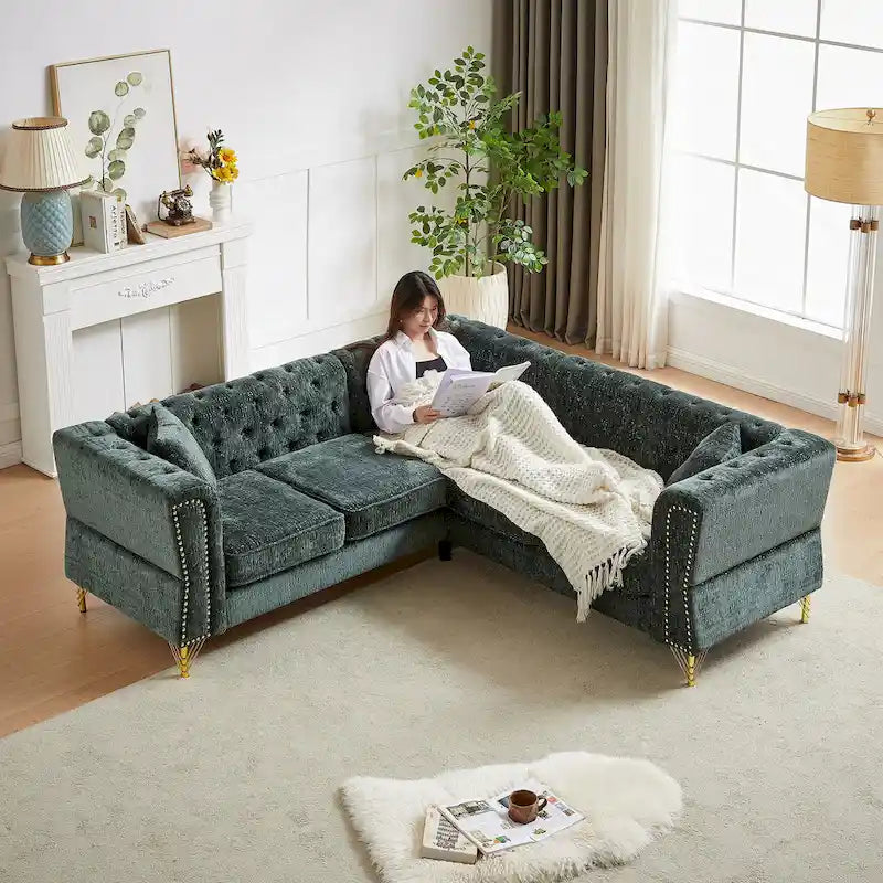 Green 81.5  Chenille L-Shaped 5-Seat Sofa