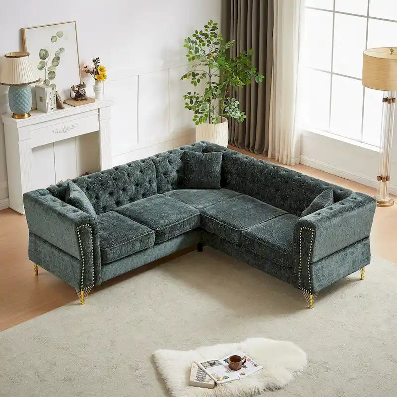 Green 81.5  Chenille L-Shaped 5-Seat Sofa