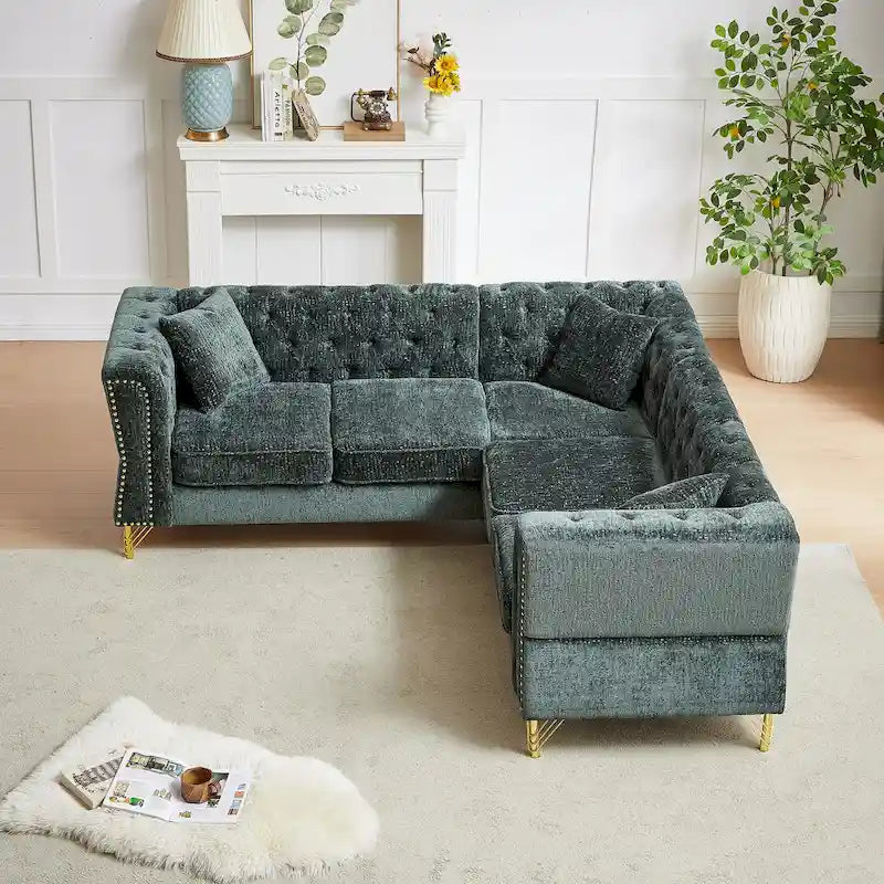 Green 81.5  Chenille L-Shaped 5-Seat Sofa