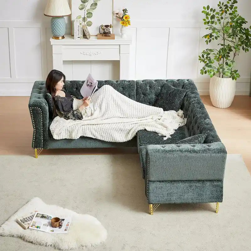 Green 81.5  Chenille L-Shaped 5-Seat Sofa