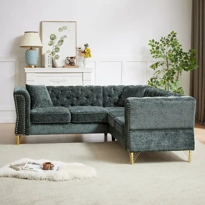 Green 81.5  Chenille L-Shaped 5-Seat Sofa