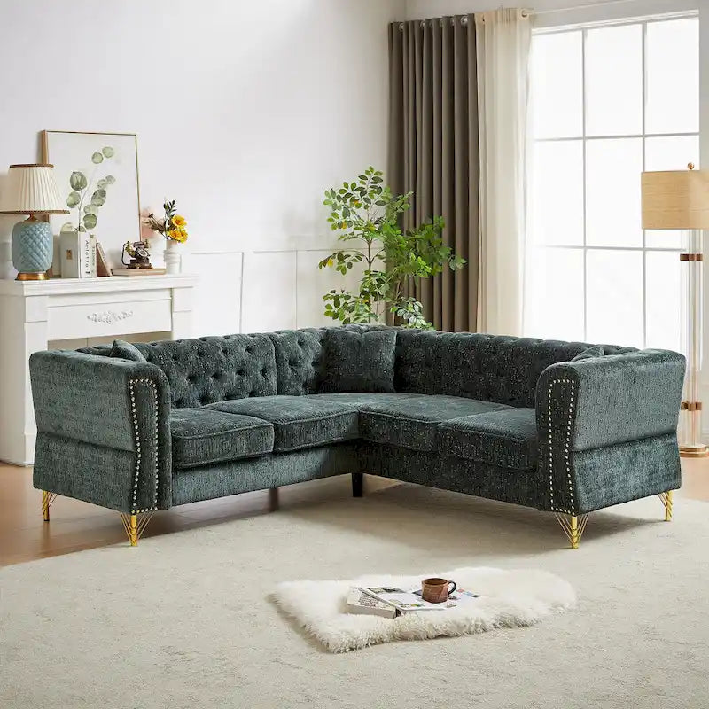 Green 81.5  Chenille L-Shaped 5-Seat Sofa