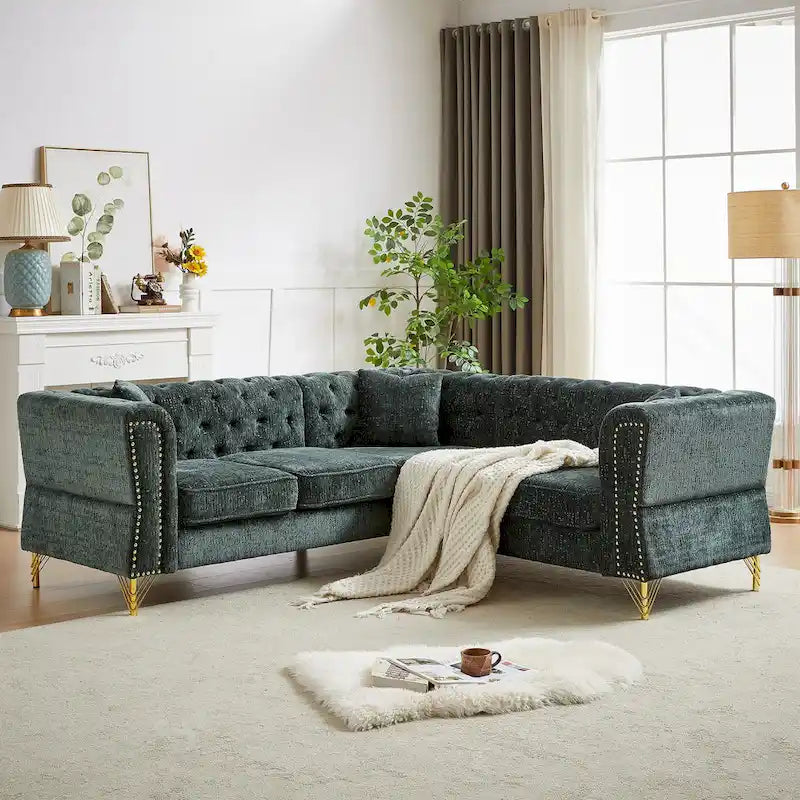 Green 81.5  Chenille L-Shaped 5-Seat Sofa
