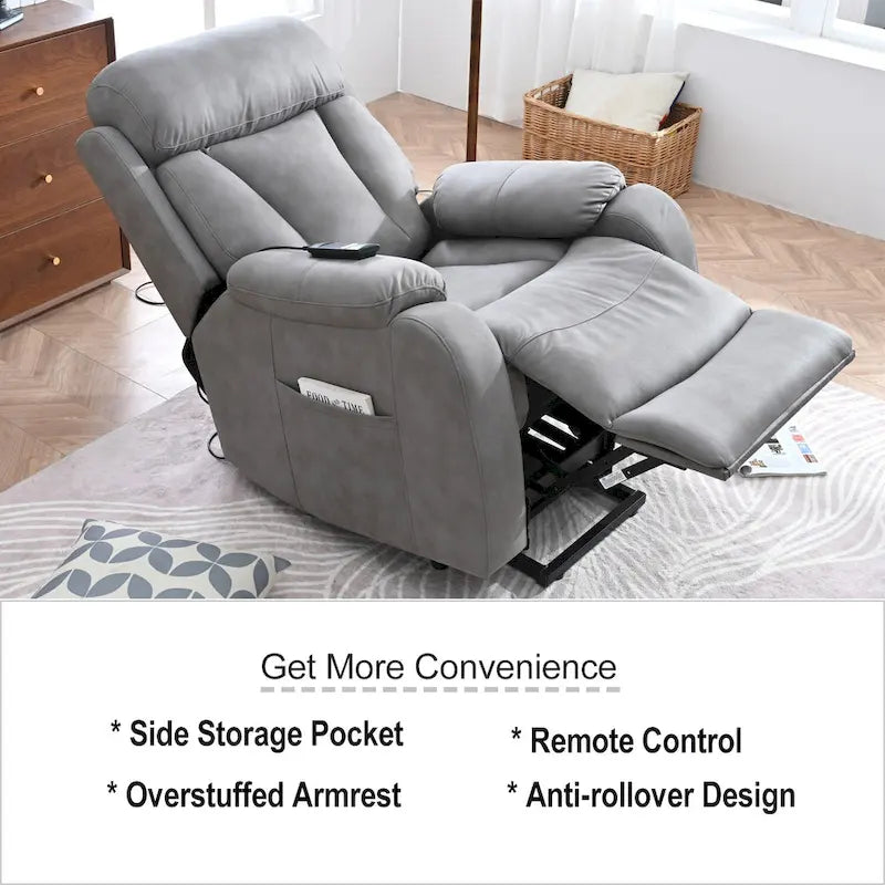 Grey Fabric Power Lift Recliner Chair for Elderly, with Remote Control, Overstuffed Cushion, Side Pocket, and Heavy-Duty Frame