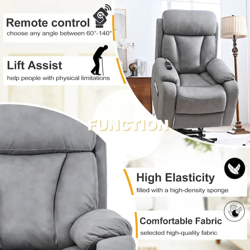 Grey Fabric Power Lift Recliner Chair for Elderly, with Remote Control, Overstuffed Cushion, Side Pocket, and Heavy-Duty Frame