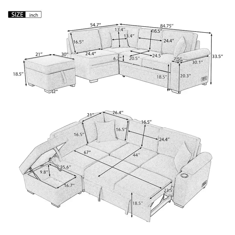 84.75 L-Shaped 5 Seater Sectional Sofa with Storage Ottoman, 2-in-1 Pull-Out Couch for Living Room