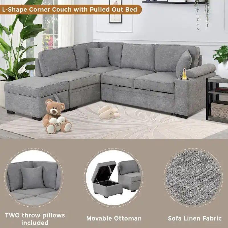 84.75 L-Shaped 5 Seater Sectional Sofa with Storage Ottoman, 2-in-1 Pull-Out Couch for Living Room