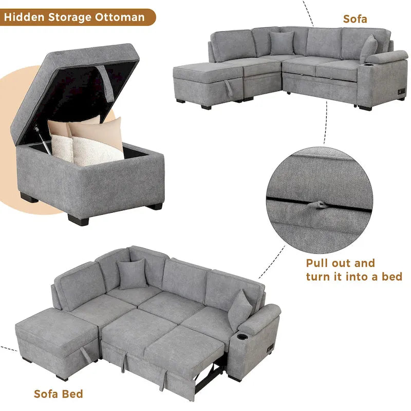 84.75 L-Shaped 5 Seater Sectional Sofa with Storage Ottoman, 2-in-1 Pull-Out Couch for Living Room