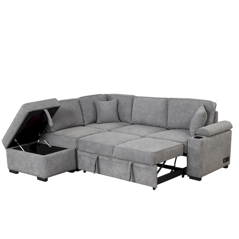 84.75 L-Shaped 5 Seater Sectional Sofa with Storage Ottoman, 2-in-1 Pull-Out Couch for Living Room