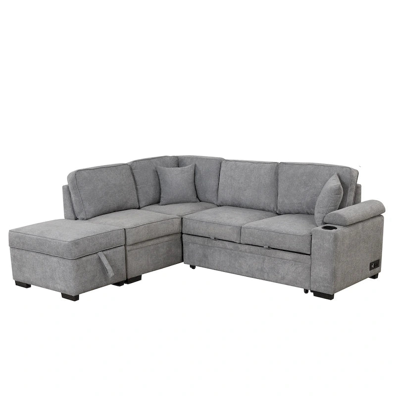 84.75 L-Shaped 5 Seater Sectional Sofa with Storage Ottoman, 2-in-1 Pull-Out Couch for Living Room