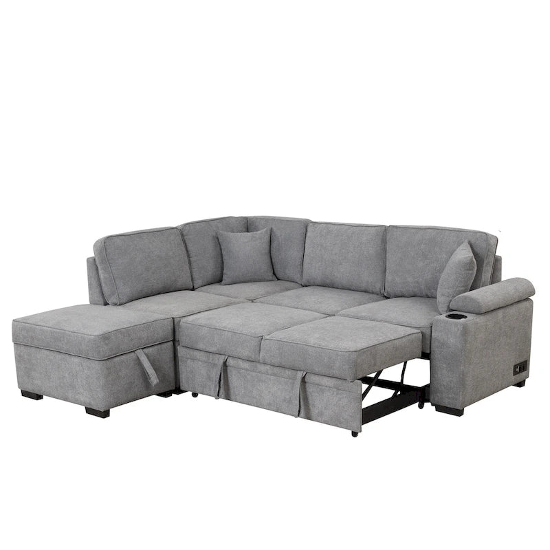 84.75 L-Shaped 5 Seater Sectional Sofa with Storage Ottoman, 2-in-1 Pull-Out Couch for Living Room